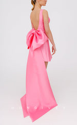 H2803 - Sexy A-Line Satin V-Neck Sleeveless Detachable Bowknot Train Short Homecoming Dress