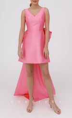 H2803 - Sexy A-Line Satin V-Neck Sleeveless Detachable Bowknot Train Short Homecoming Dress