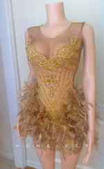 H2090 - Sexy Fitted Glitter Round Sleeveless Rhinestone Feathers Homecoming Dresses For Black Women