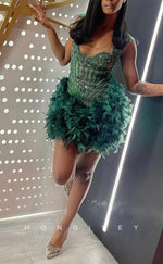 H2092 - Sexy Fitted Glitter Illusion Scoop Cap Sleeves Feathers Homecoming Dresses For Black Women