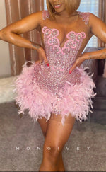 H2096 - Sexy Fitted Glitter Scoop Sleeveless Feathers Beaded Homecoming Dresses For Black Women