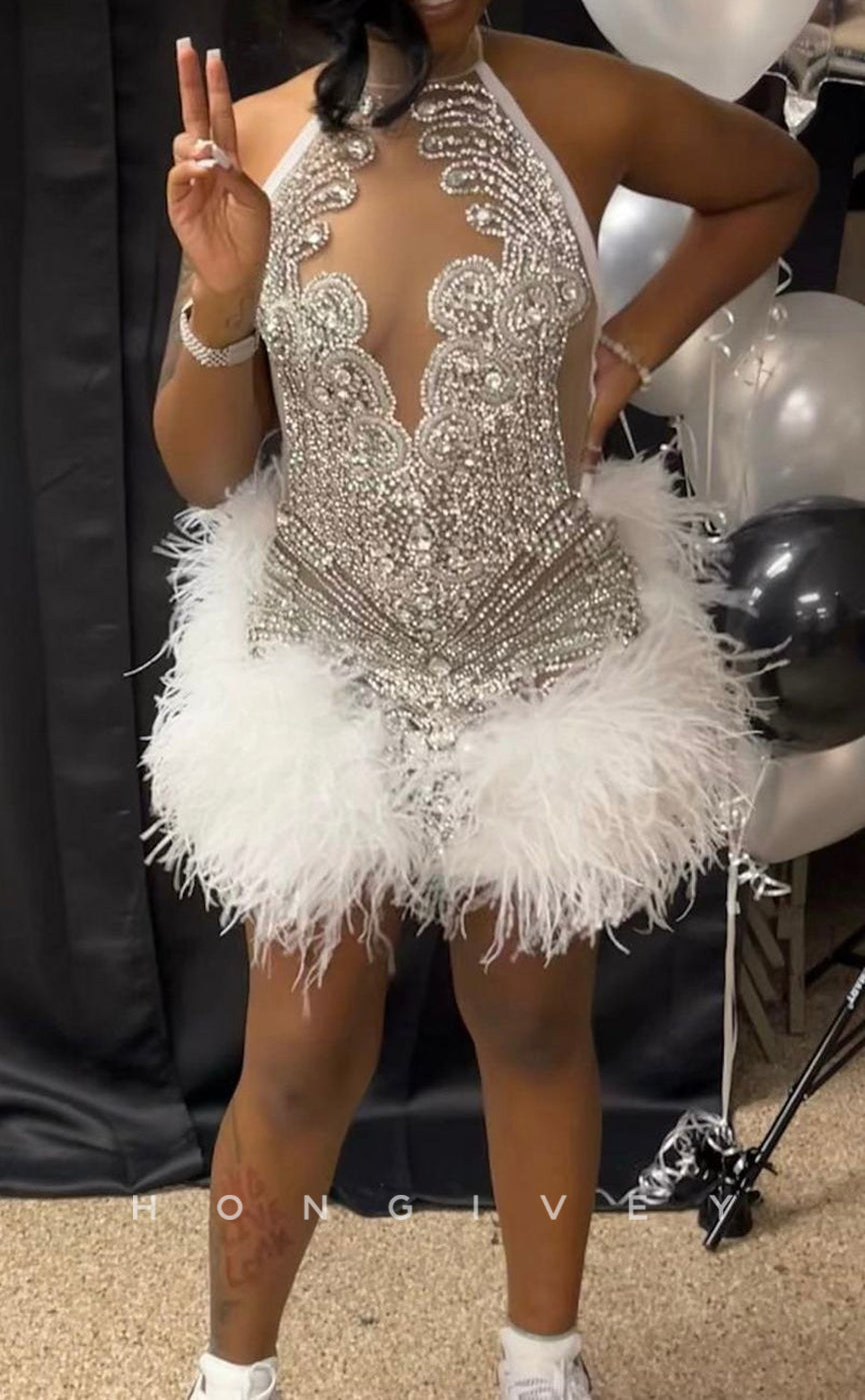 H2096 - Sexy Fitted Glitter Scoop Sleeveless Feathers Beaded Homecoming Dresses For Black Women