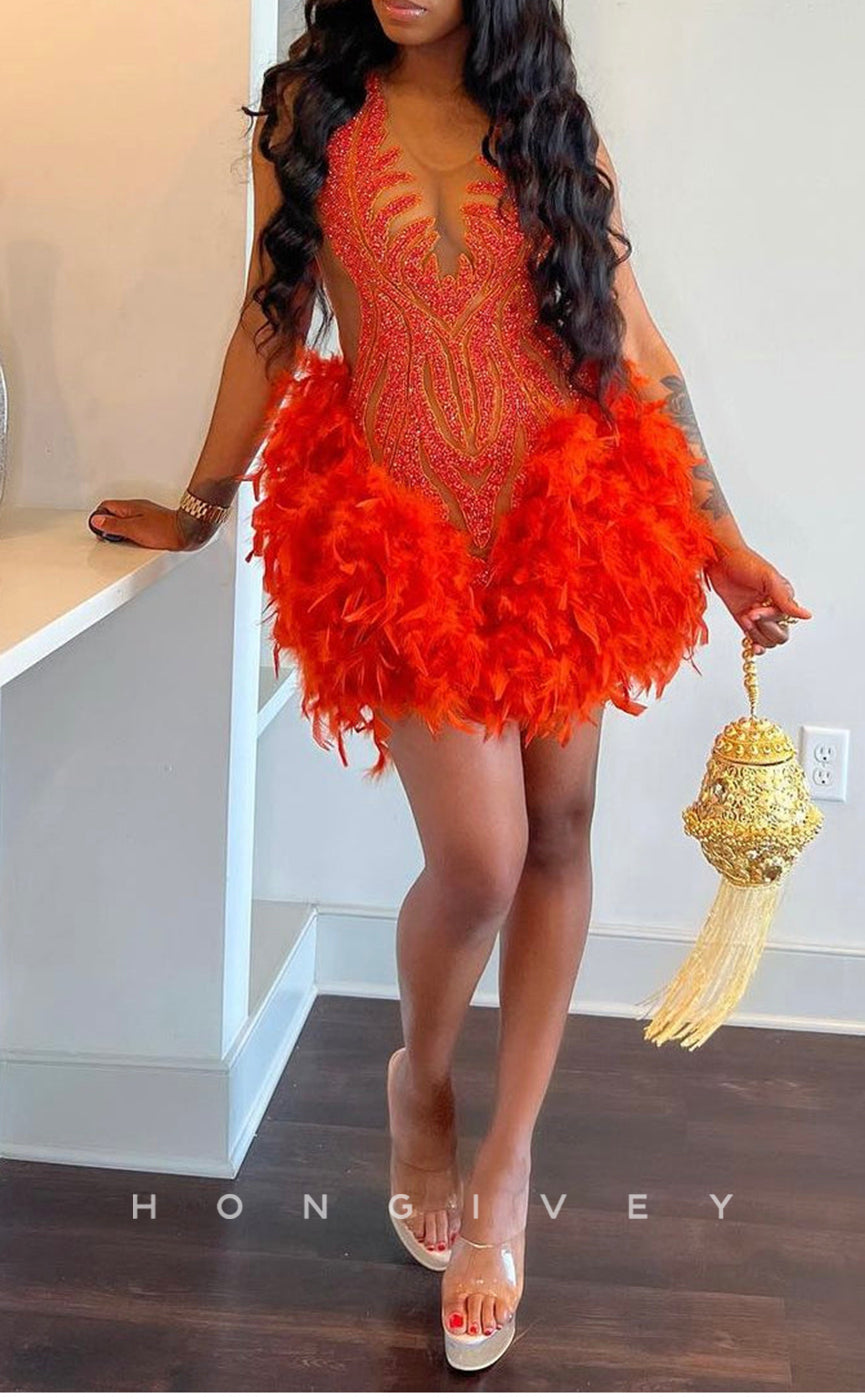 H2096 - Sexy Fitted Glitter Scoop Sleeveless Feathers Beaded Homecoming Dresses For Black Women