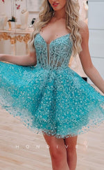 H2103 - Sexy Illusion A-Line V-Neck Spaghetti Straps Appliques Short Party/Homecoming Dress