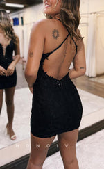 H2126 - Sexy Fitted Satin Plunging Illusion Spaghetti Straps Appliques Backless Party/Homecoming Dress