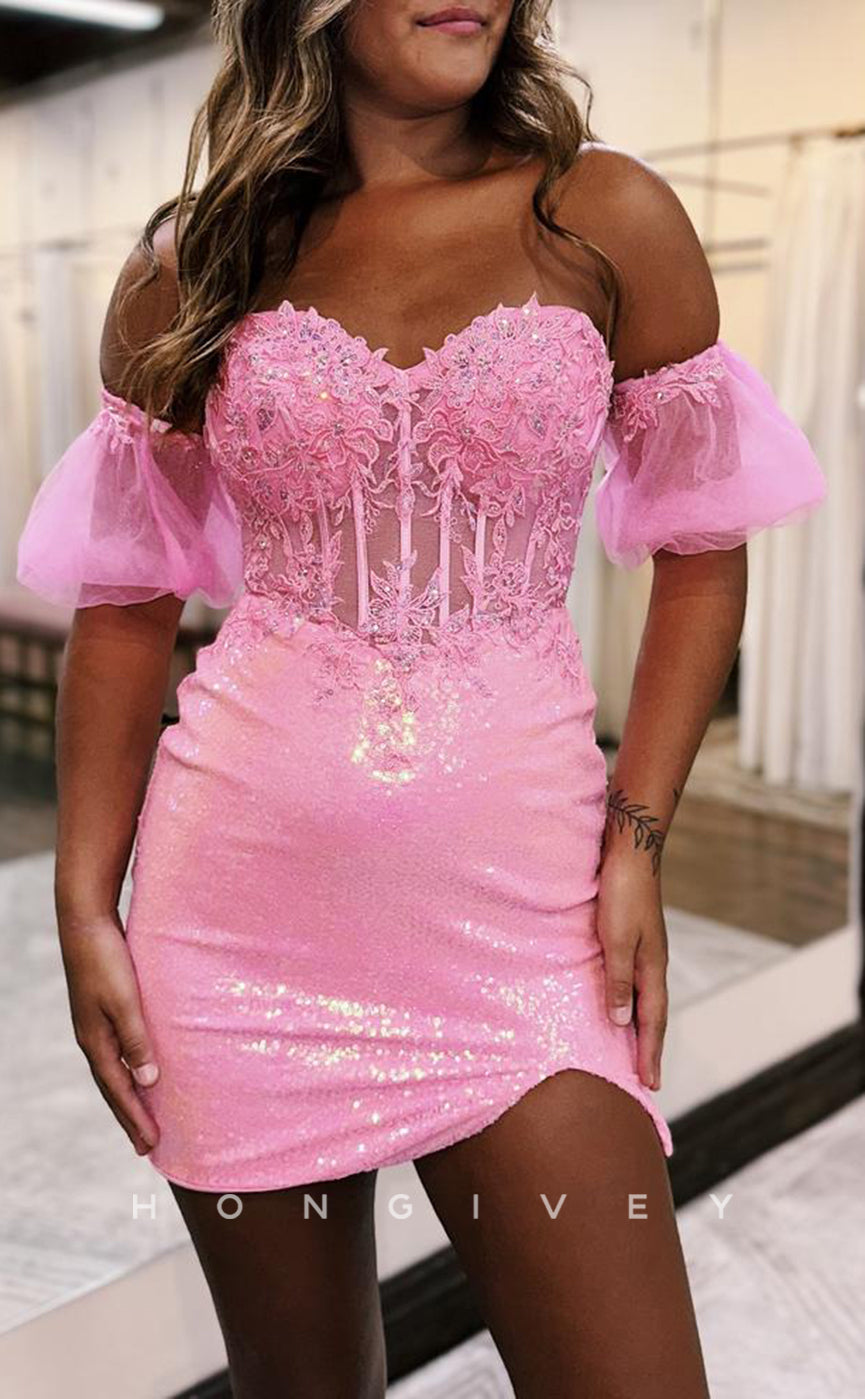 H2135 - Sexy Fitted Glitter Sweetheart Strapless Puff Sleeves Gown Appliques Party/Homecoming Dress
