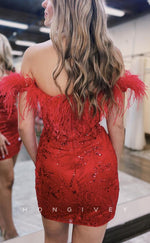 H2140 - Sexy Fitted Satin Off-Shoulder Feathers Appliques Party/Homecoming Dress