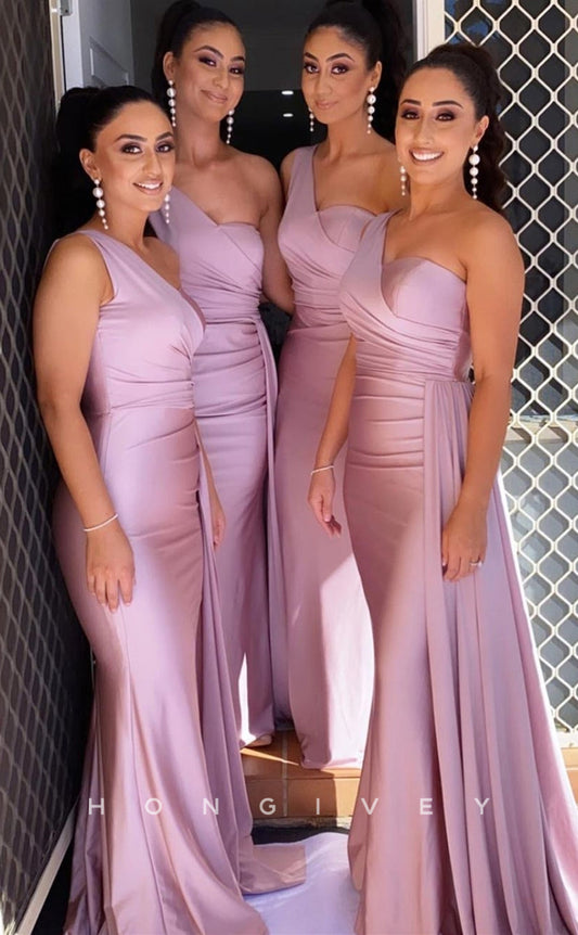 HB040 - Sexy Satin Trumpet One Shoulder Empire Ruched With Train Prom Party Bridesmaid Dress
