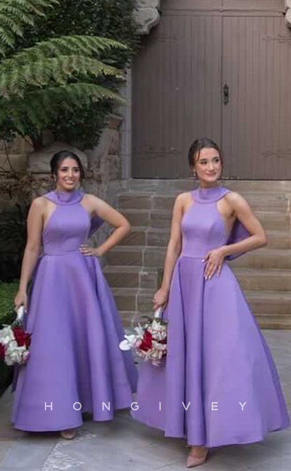 HB042 - Sexy Satin A-Line High Neck Empire Floor-Length Prom Party Bridesmaid Dress