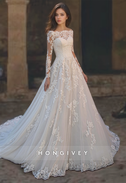 Sexy Tulle A-Line Off-Shoulder Lace Long Sleeve Empire Appliques With Train Wedding Dress