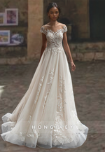 Sexy Tulle A-Line Sweetheart Cap Sleeves Empire Appliques Beaded Wedding Dress