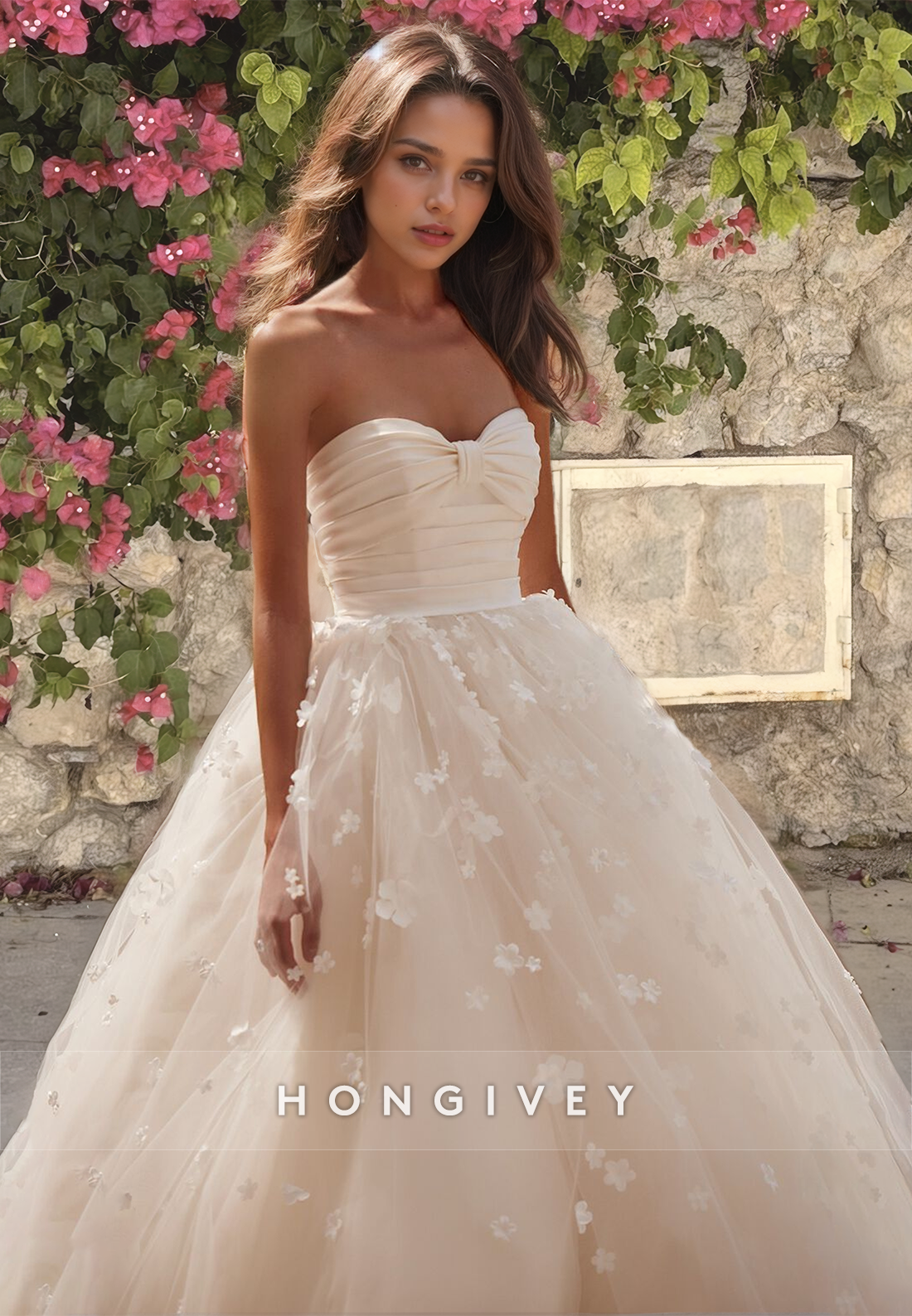 Sexy Tulle A-Line Sweetheart Strapless Empire Floral Embossed With Tulle Train Wedding Dress