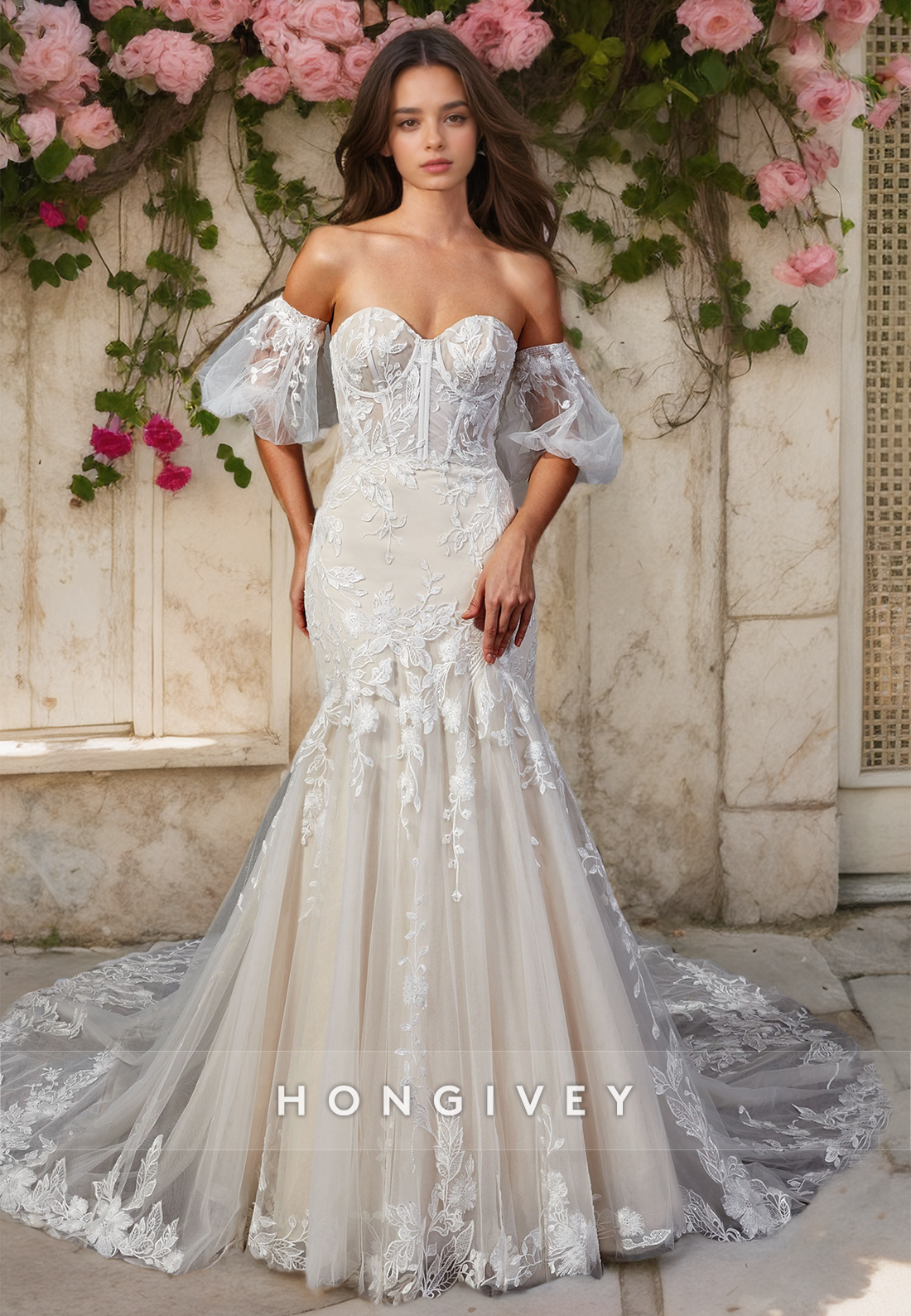 Sexy Satin Trumpet Sweetheart Puff Sleeves Empire Appliques With Tulle Train Wedding Dress