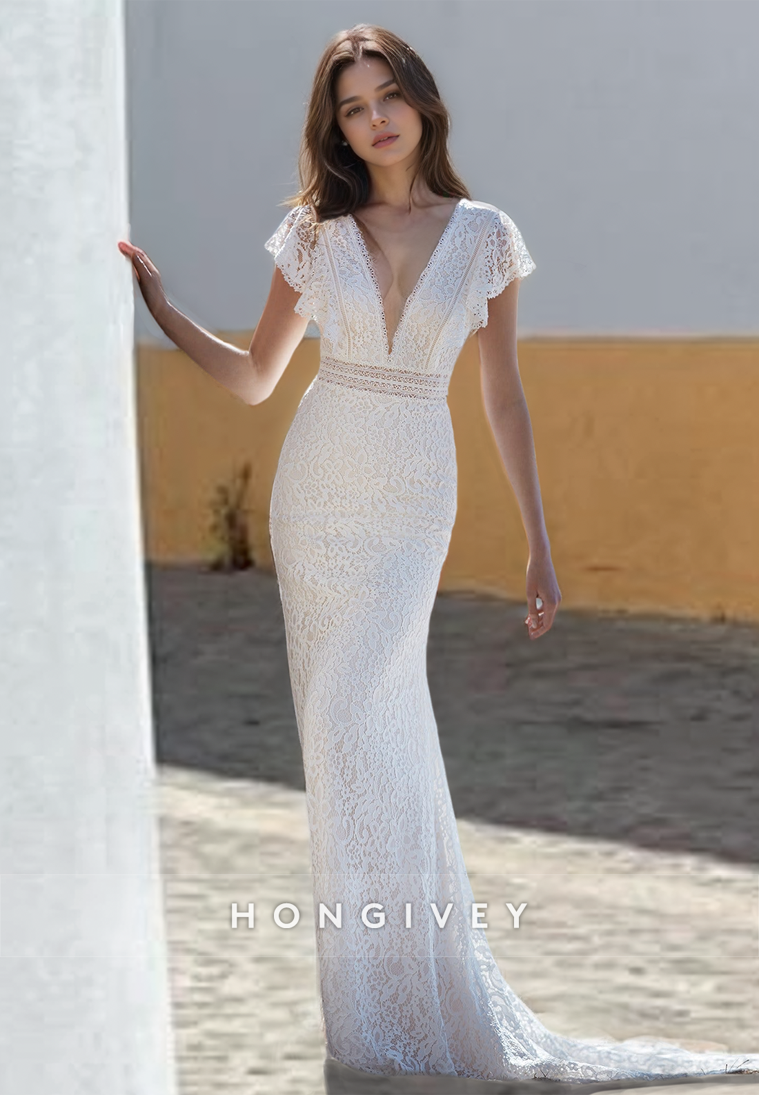 Sexy Lace Trumpt V-Neck Ruffled Empire Illusion Fully Appliques With Train Boho Wedding Dress