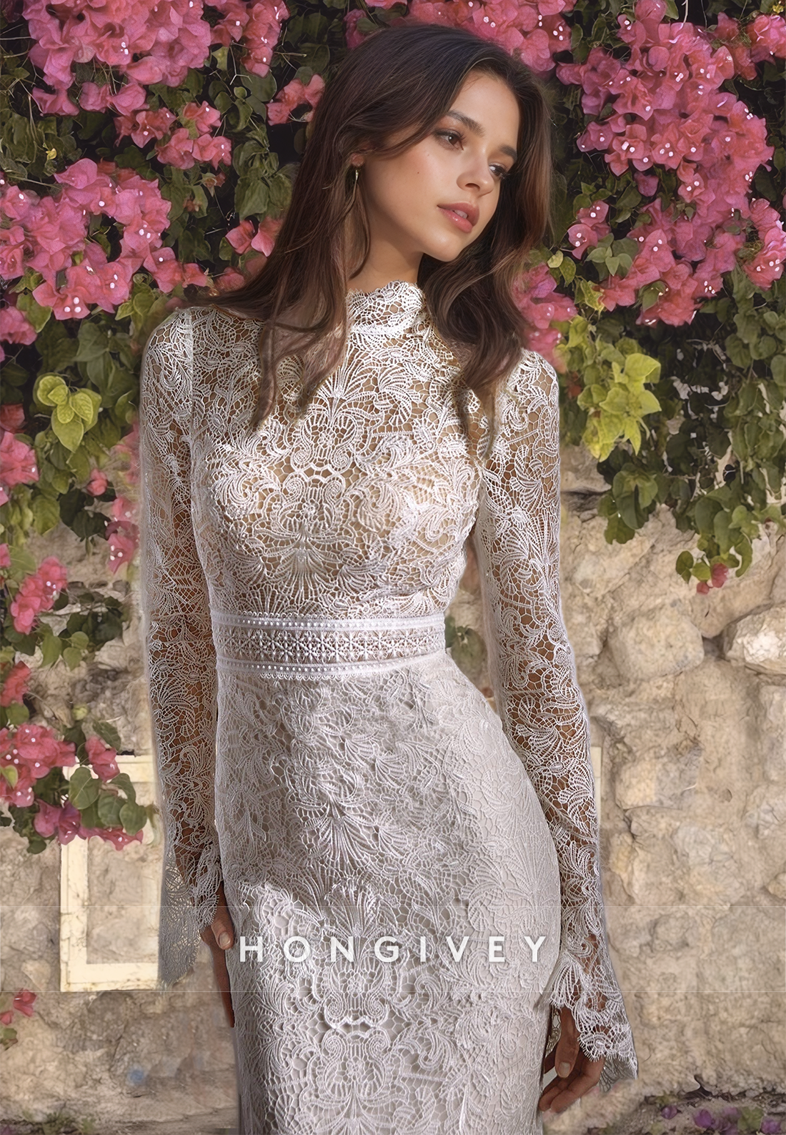 Sexy Trumpt Lace High Neck Long Sleeve Illusion Empire Appliques With Train Boho Wedding Dress