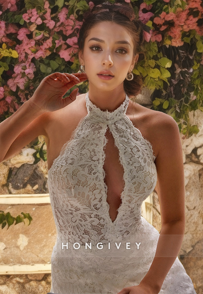 Sexy Trumpt Lace High Neck Illusion Empire Open Back With Train Boho Wedding Dress