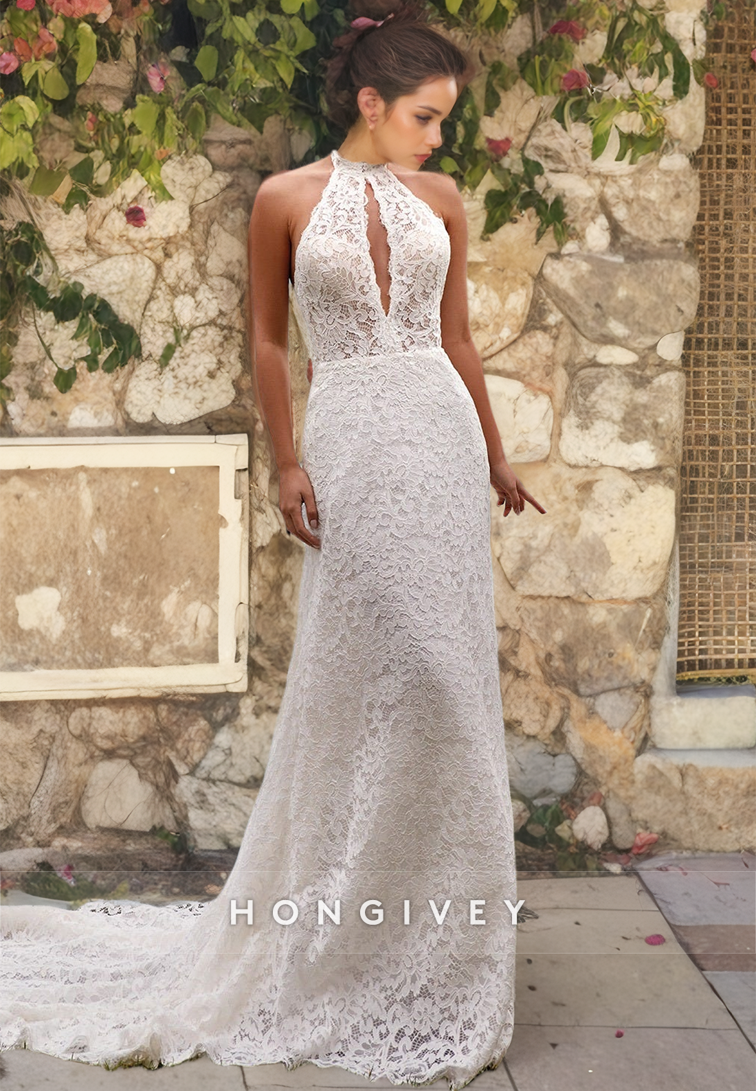 Sexy Trumpt Lace High Neck Illusion Empire Open Back With Train Boho Wedding Dress