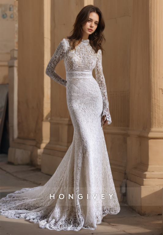 Sexy Trumpt Lace High Neck Long Sleeve Illusion Empire Appliques With Train Boho Wedding Dress