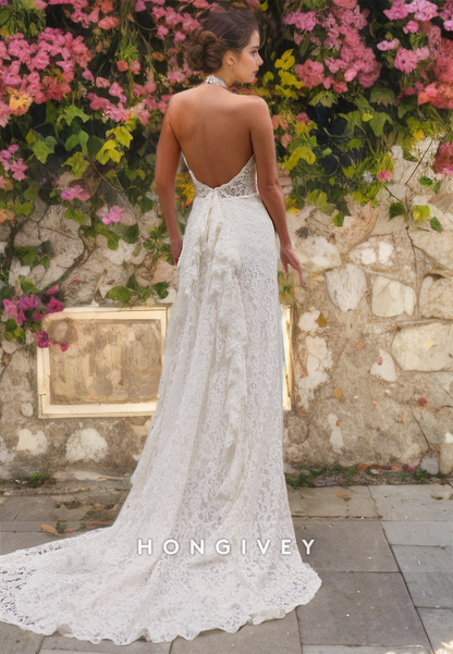 Sexy Trumpt Lace High Neck Illusion Empire Open Back With Train Boho Wedding Dress