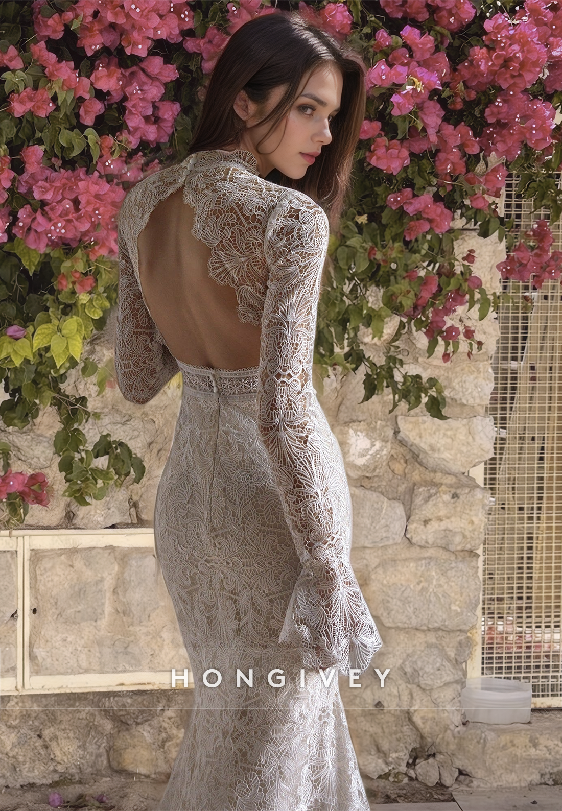 Sexy Trumpt Lace High Neck Long Sleeve Illusion Empire Appliques With Train Boho Wedding Dress