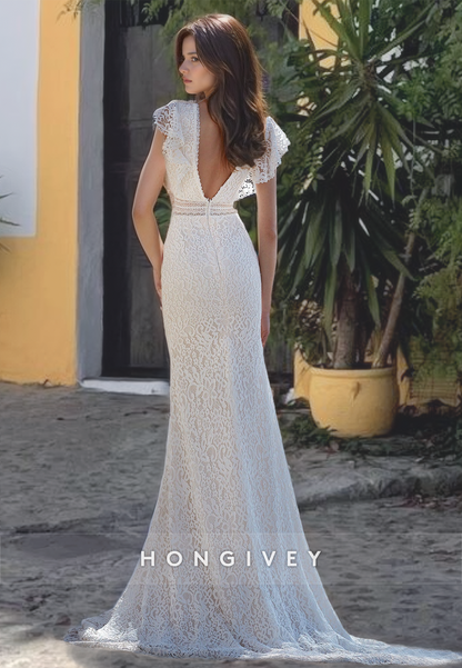 Sexy Lace Trumpt V-Neck Ruffled Empire Illusion Fully Appliques With Train Boho Wedding Dress