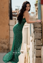 Glitter Bateau Long Mermaid Evening Gowns Green Strapless Sequins Sleeveless Party Dress