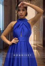 Sexy Backless A-line Prom Gown Evening Dress Satin Cross-Neck Royal Blue Party Dress