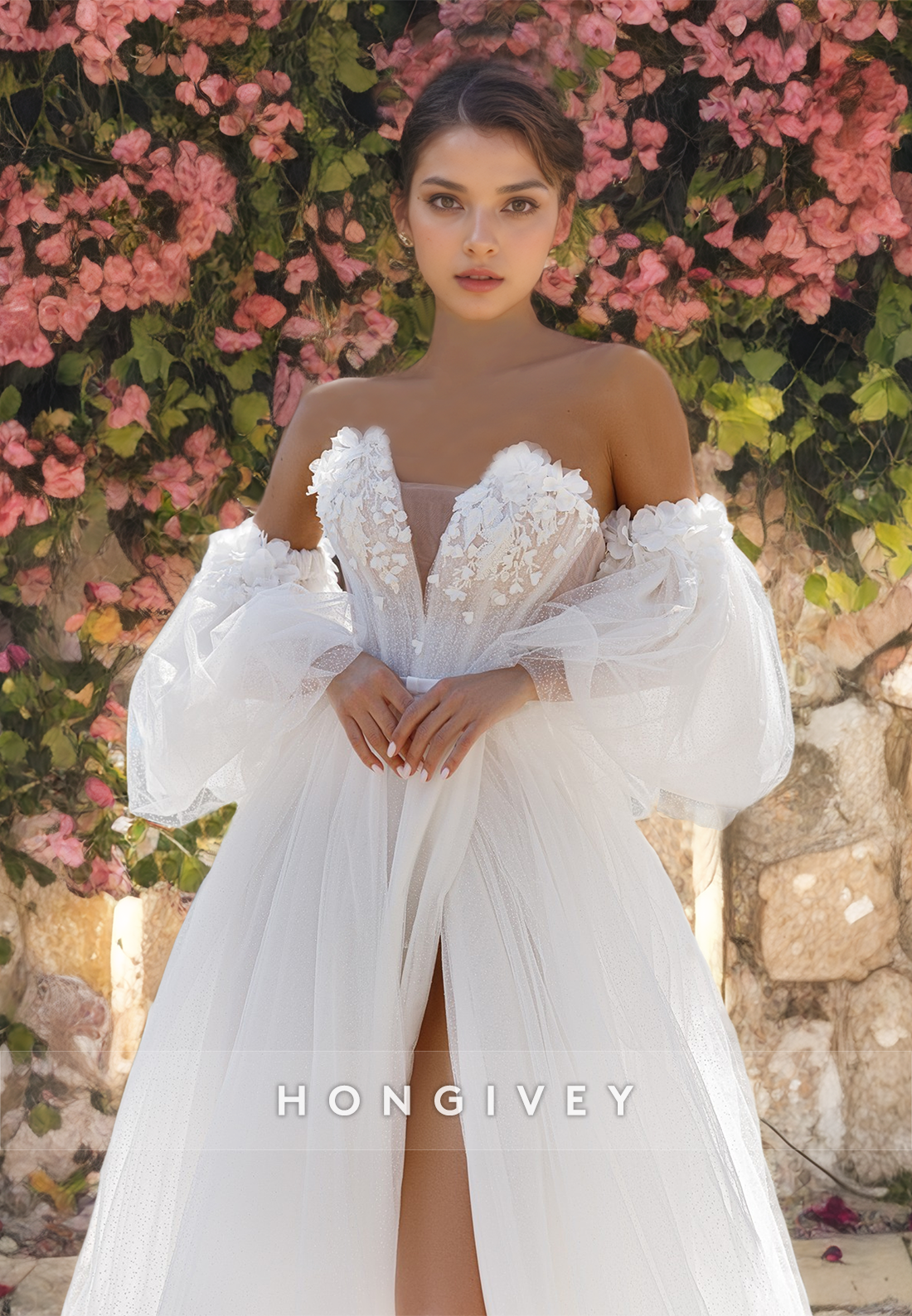 Sweet Tulle Sweetheart Strapless Off-Shoulder A-Line  with Side Slit Wedding Dress