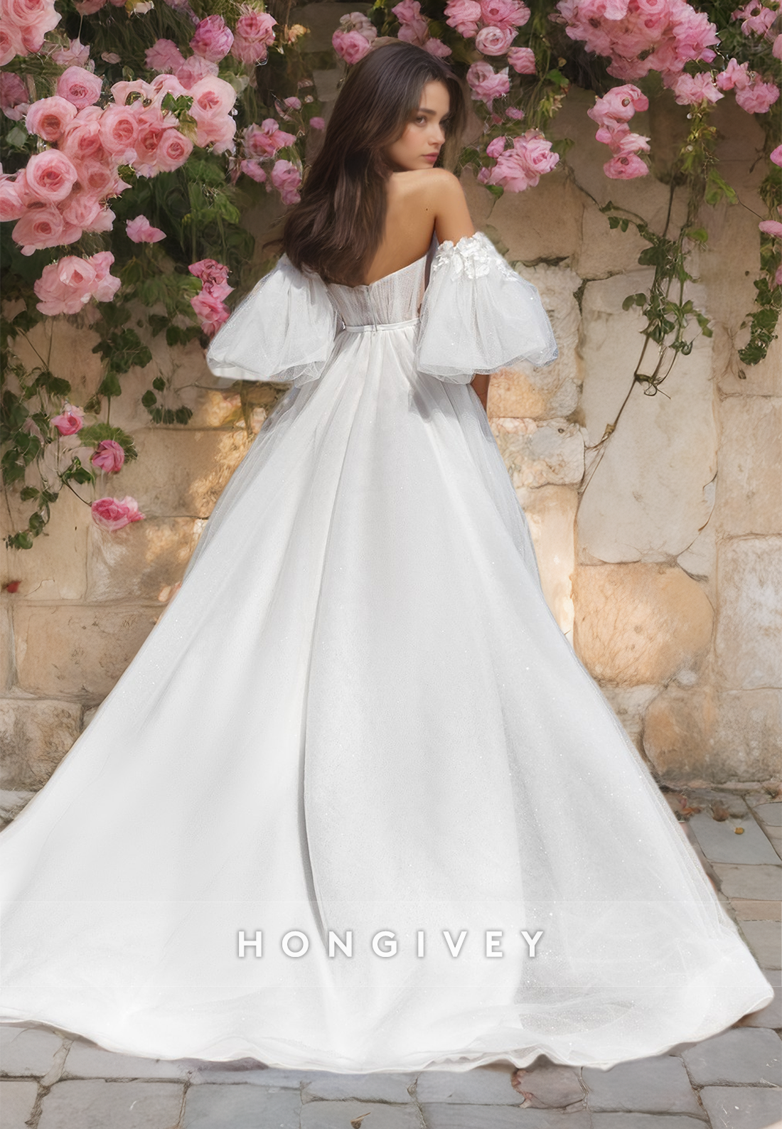 Sweet Tulle Sweetheart Strapless Off-Shoulder A-Line  with Side Slit Wedding Dress