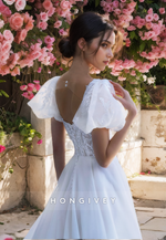 Sweet Square Short Sleeves A-Line Applique Tulle Wedding Dress New HONGIVEY