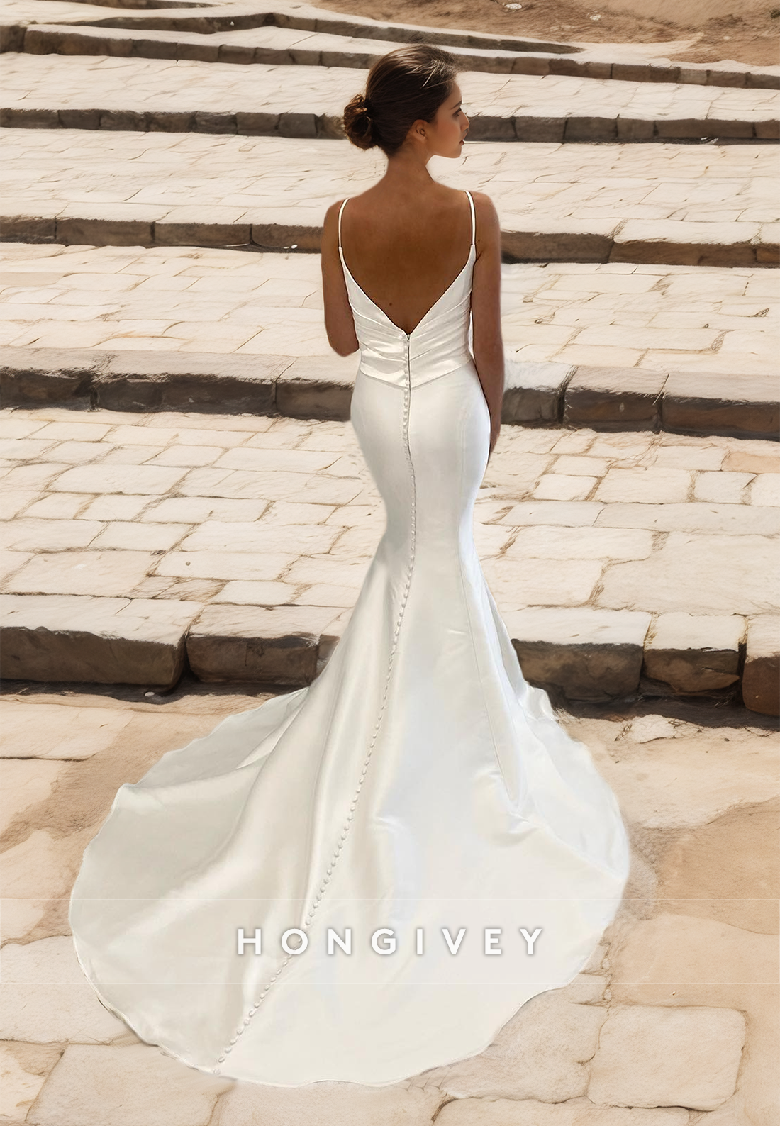 Sexy V-Neck Straps Mermaid Satin Wedding Dress Simple Engagement Bride Gown