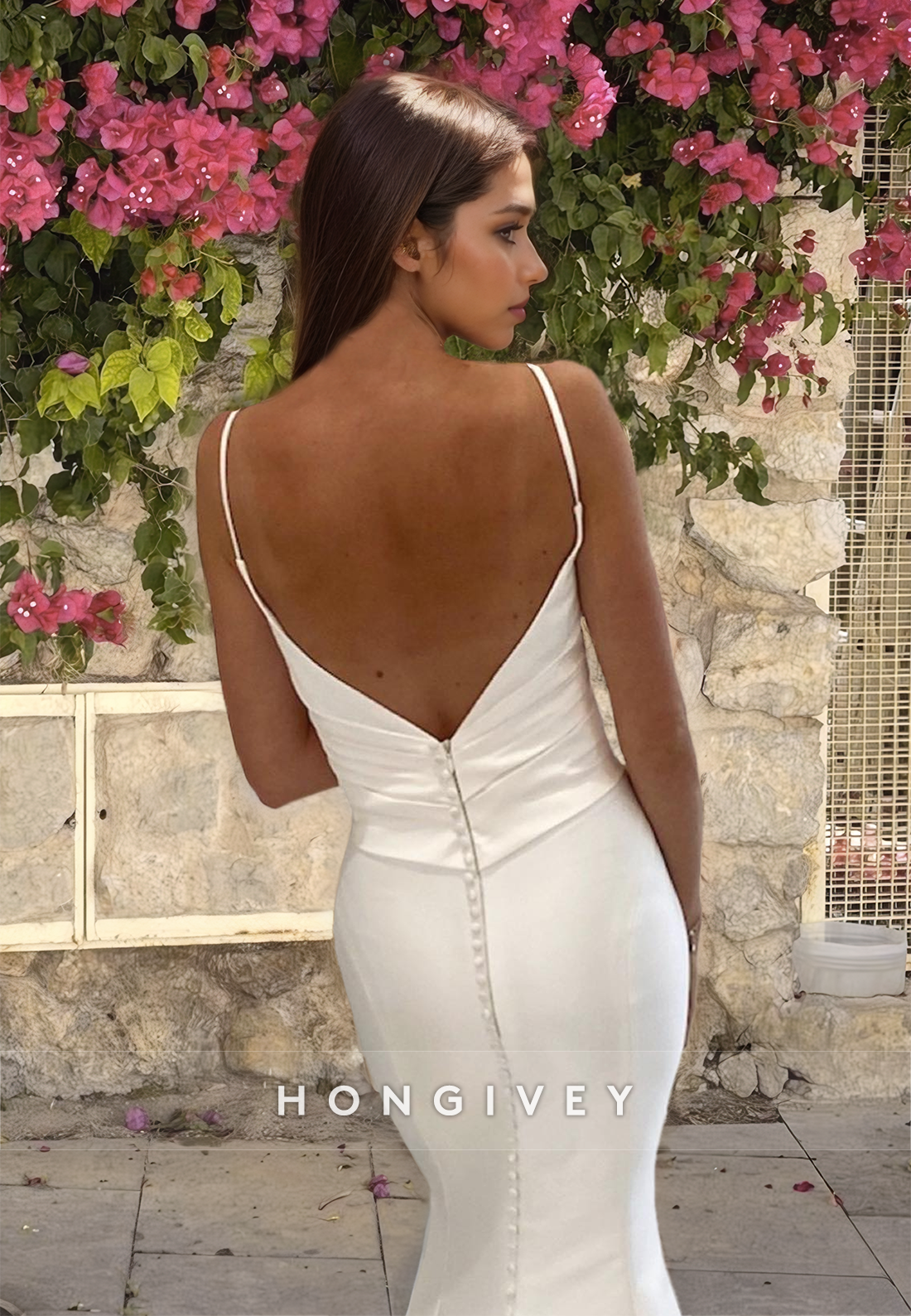 Sexy V-Neck Straps Mermaid Satin Wedding Dress Simple Engagement Bride Gown