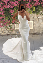 Sexy V-Neck Straps Mermaid Satin Wedding Dress Simple Engagement Bride Gown