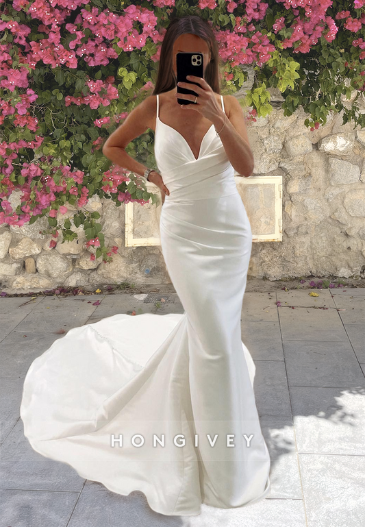 Sexy V-Neck Straps Mermaid Satin Wedding Dress Simple Engagement Bride Gown