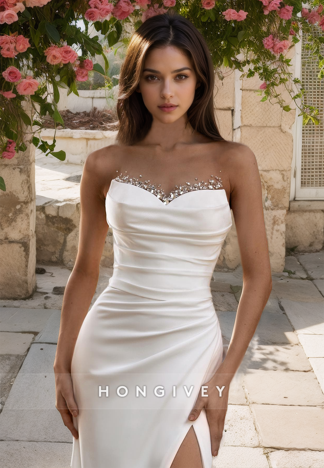 Sexy Strapless Sheath Beaded Satin Side Slit Wedding Dress Bride Gown HONGIVEY