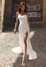 Sexy Strapless Sheath Beaded Satin Side Slit Wedding Dress Bride Gown HONGIVEY