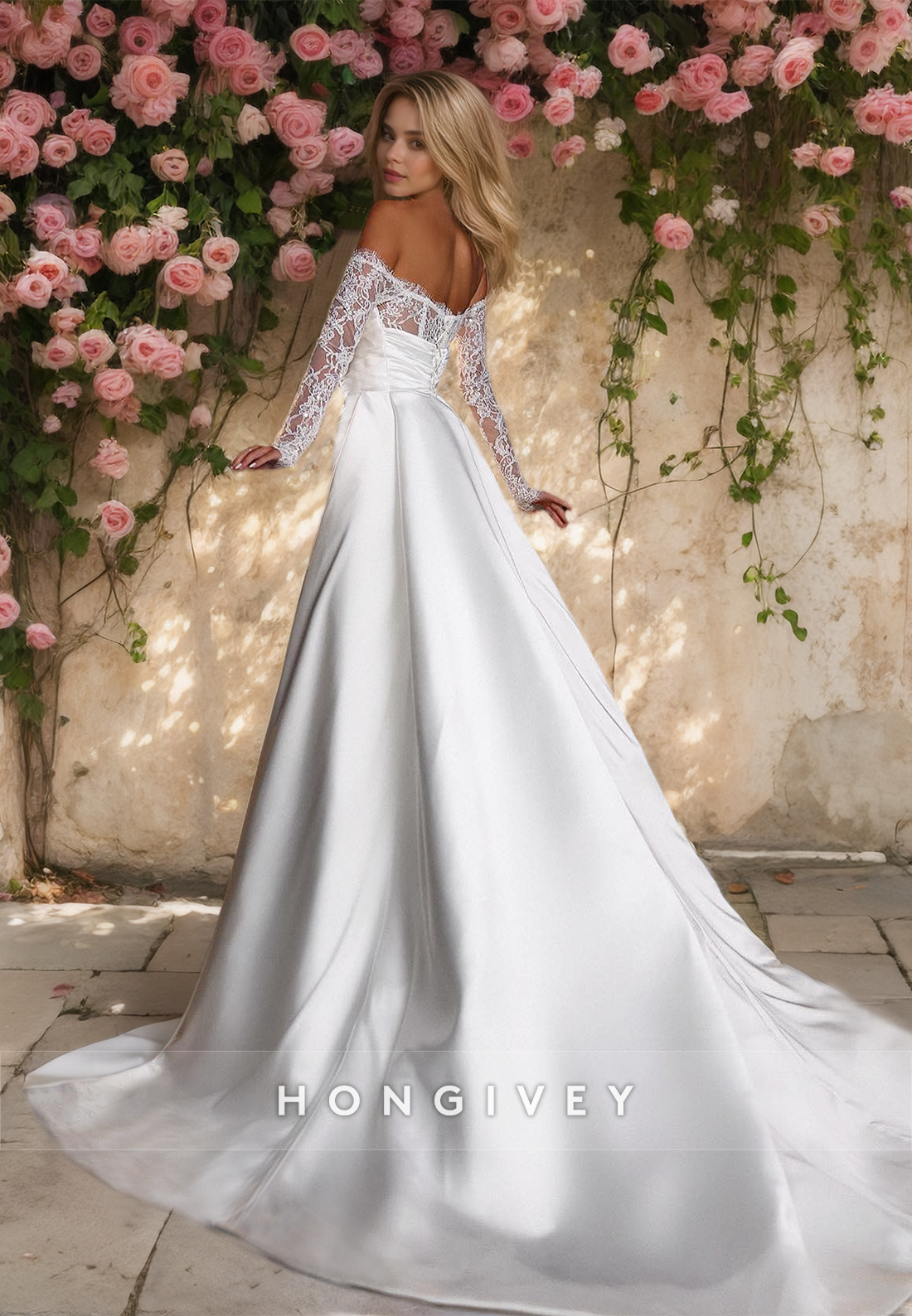 Strapless Long Sleeves Sheath with Detachable Train Satin Wedding Dress HONGIVEY