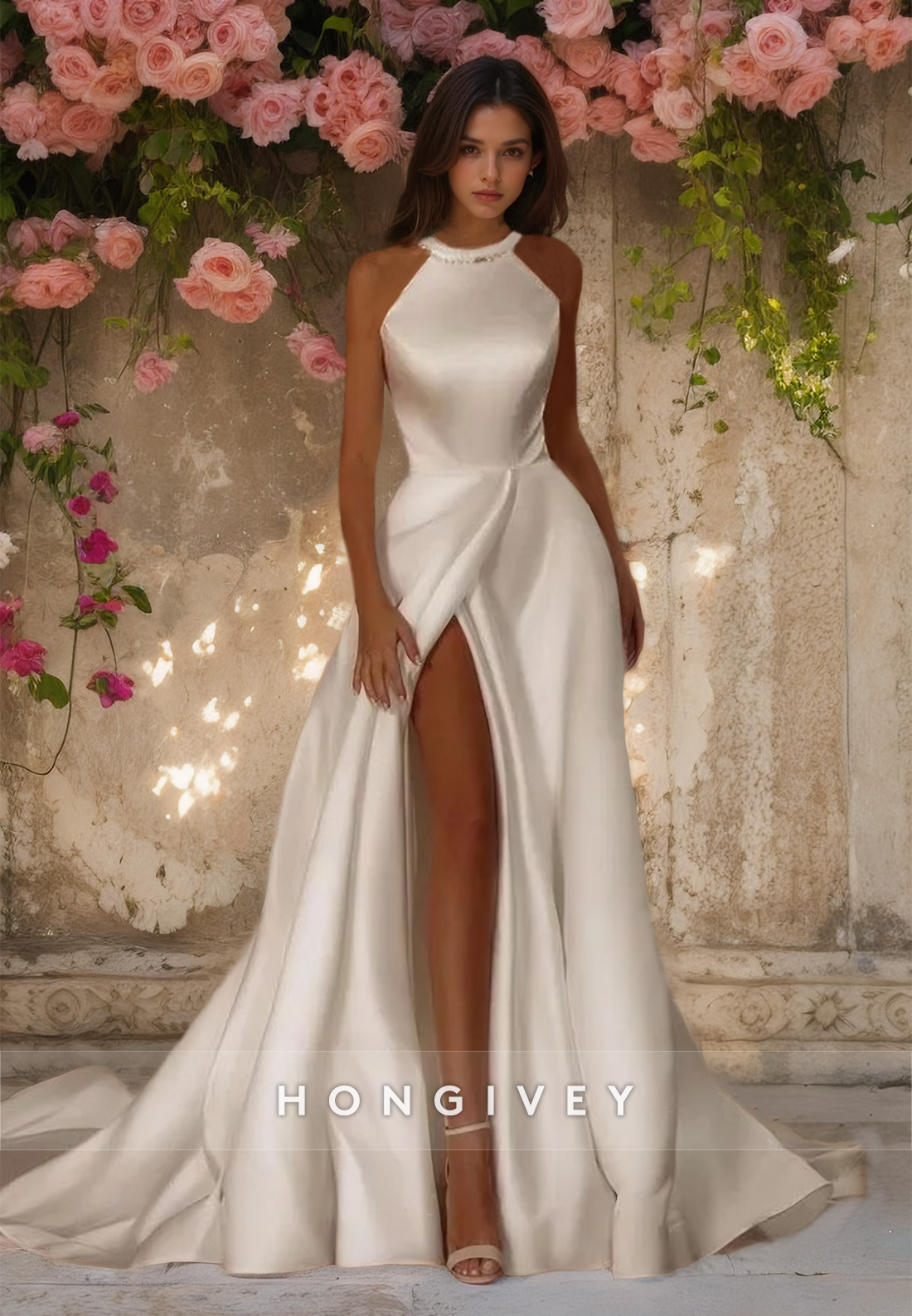 Sexy Halter A-Line Satin Side Slit with Bow Wedding Dress Engagement Gown