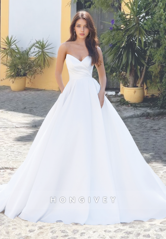 Strapless A-Line Satin Wedding Dress Simple Bride Gown Engagement HONGIVEY