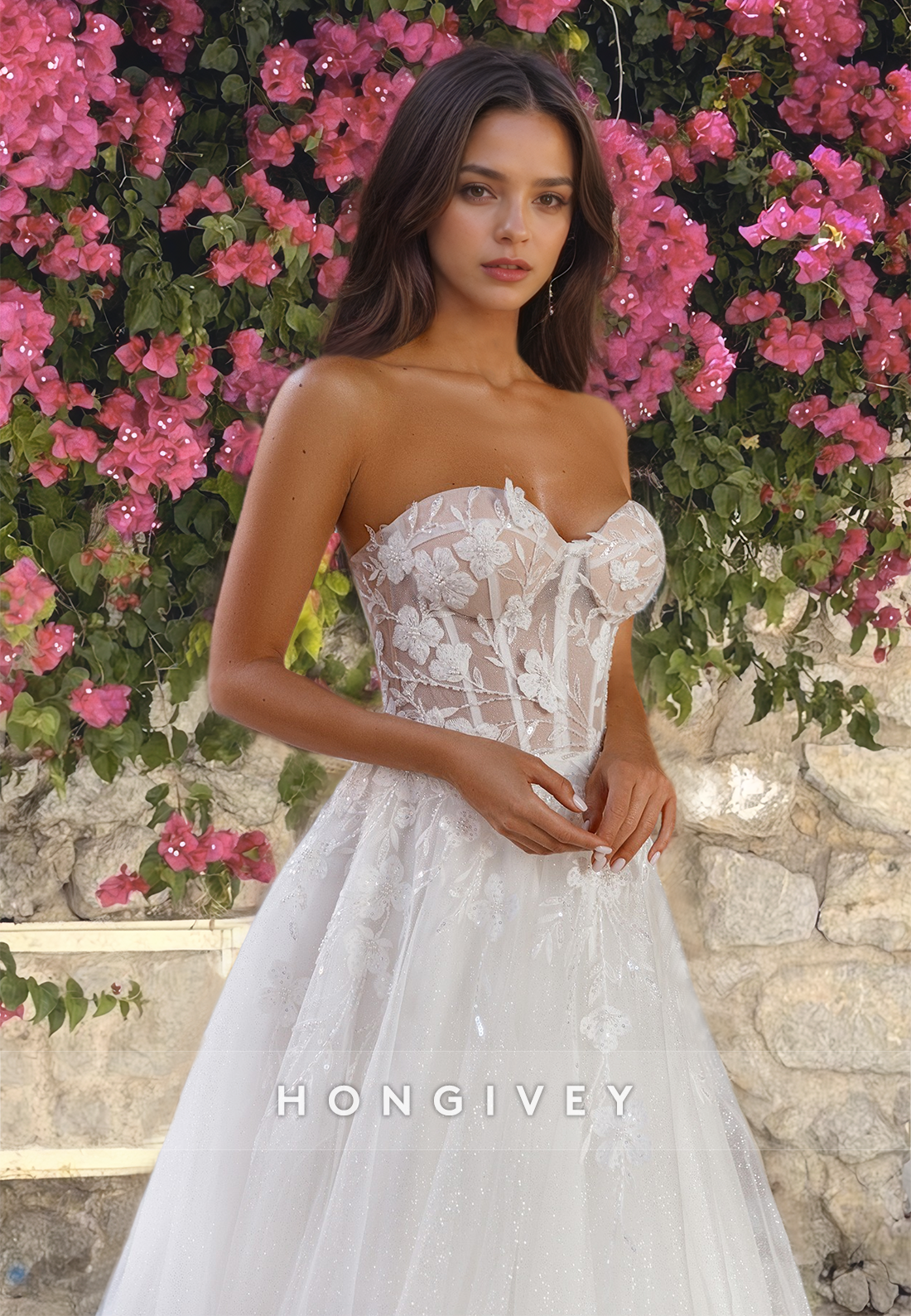 Floral Applique Strapless Tulle with Train Wedding Dress Bride Gown HONGIVEY