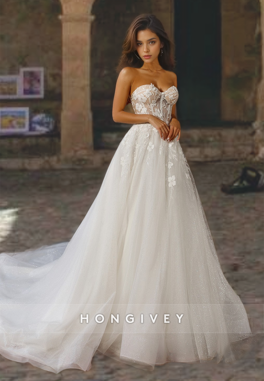 Floral Applique Strapless Tulle with Train Wedding Dress Bride Gown HONGIVEY