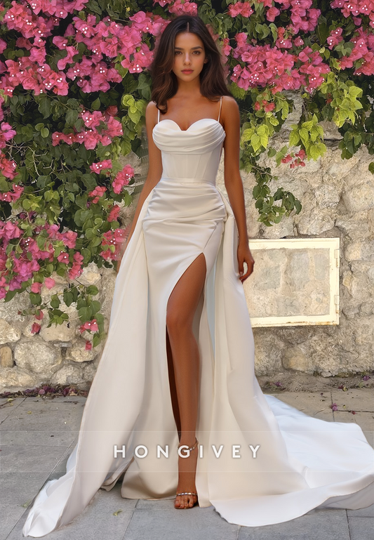 Sexy Ruched Satin Mermaid with Train Wedding Dress Classic Bride Gown HONGIVEY