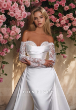 Strapless Long Sleeves Sheath with Detachable Train Satin Wedding Dress HONGIVEY