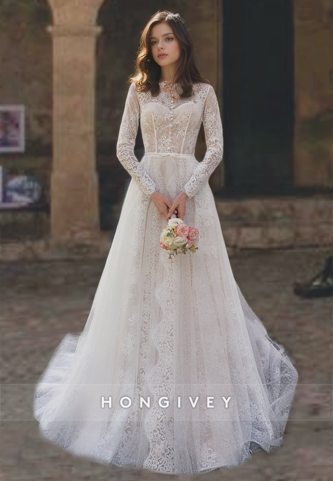 Chic O-Neck Lace Applique A-Line with Train Wedding Dress Bride Gown HONGIVEY