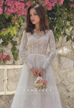 Chic O-Neck Lace Applique A-Line with Train Wedding Dress Bride Gown HONGIVEY