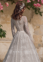 Chic O-Neck Lace Applique A-Line with Train Wedding Dress Bride Gown HONGIVEY