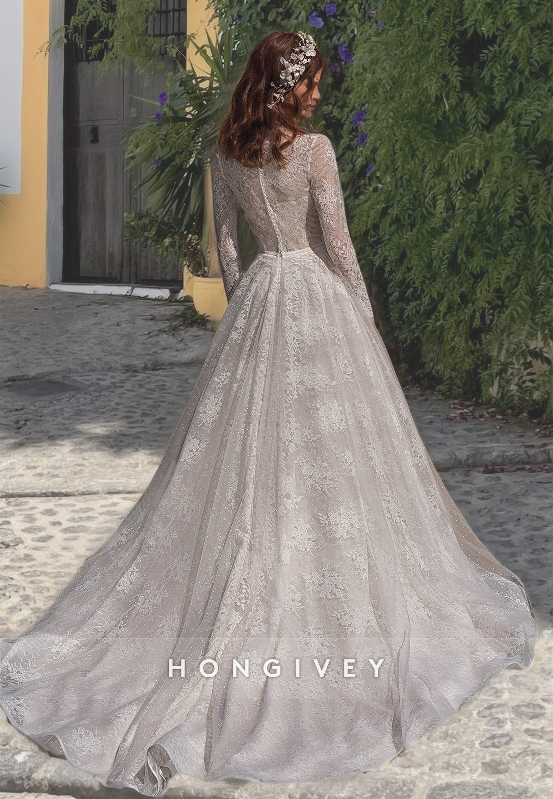 Chic O-Neck Lace Applique A-Line with Train Wedding Dress Bride Gown HONGIVEY