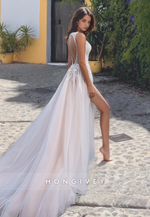 Sexy Deep V-Neck Side Slit Applique Tulle Beach Wedding Dress Gown HONGIVEY