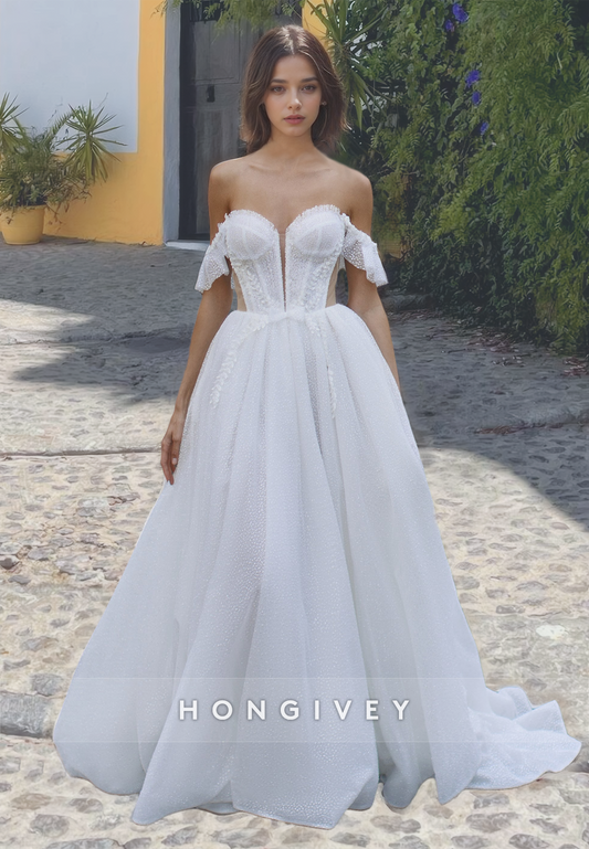 Sexy Applique Off-Shoulder Sheer Back Tulle Wedding Dress 2025 New HONGIVEY