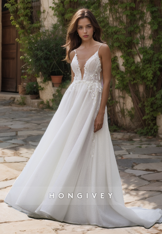 Chic V-Neck Straps Applique Tulle Wedding Dress Bride Gown HONGIVEY